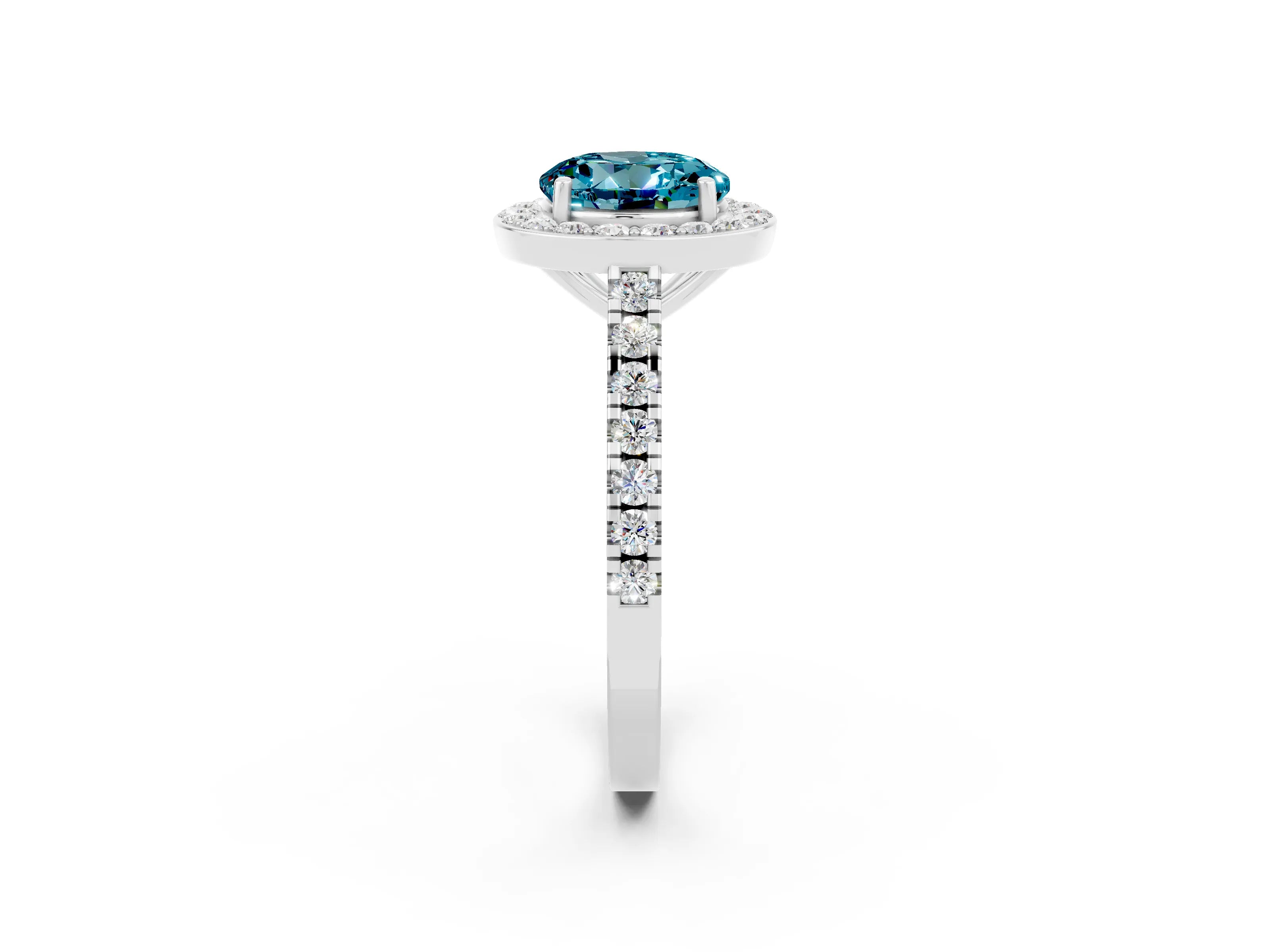 White gold Round Cut Halo Diamond Ring with Pavé Band and Three-Prong Setting_2