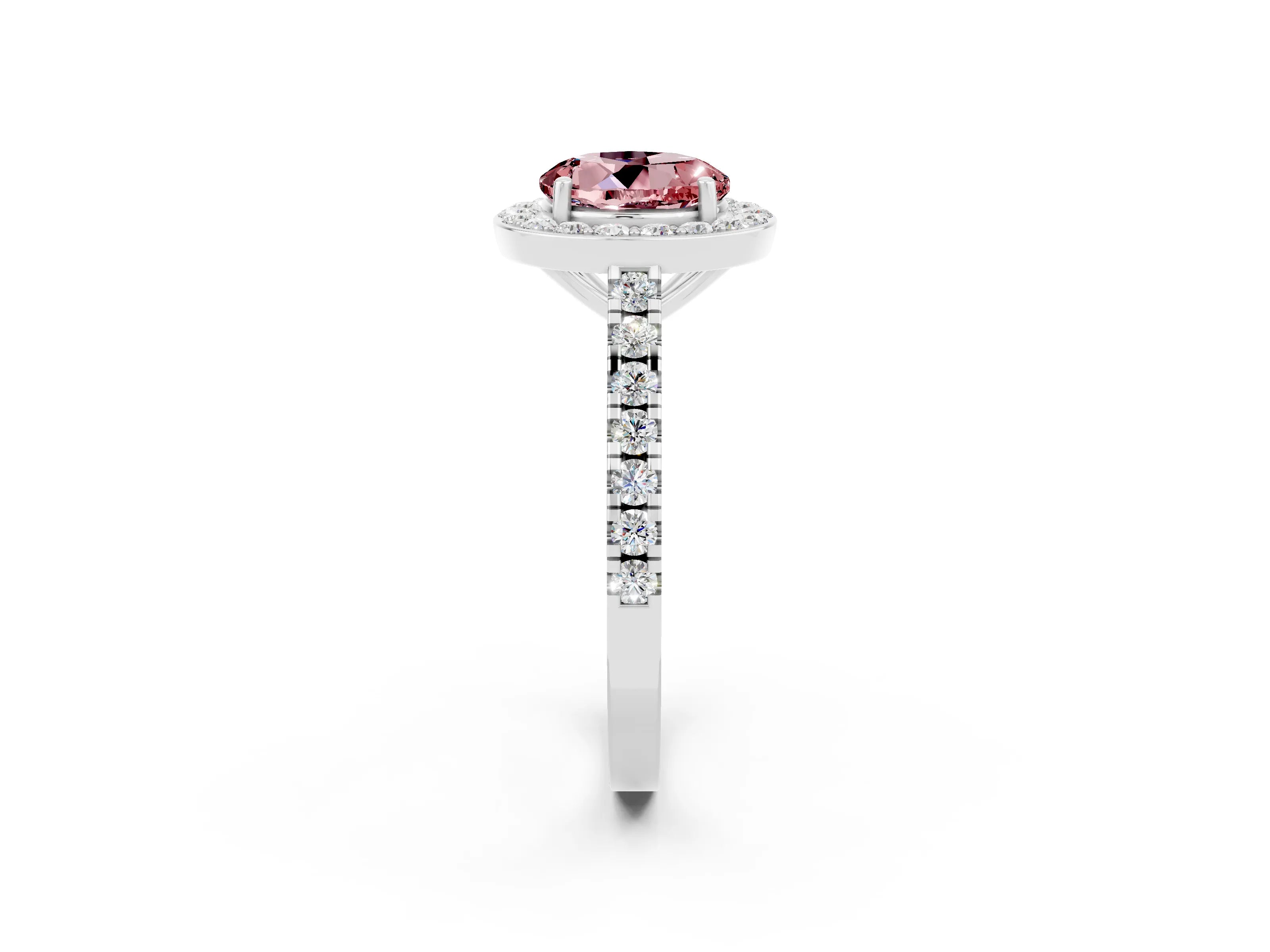 White gold Round Cut Halo Diamond Ring with Pavé Band and Three-Prong Setting_2