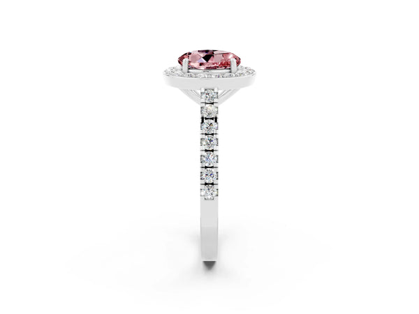 Platinum Round Cut Halo Diamond Ring with Pavé Band and Three-Prong Setting