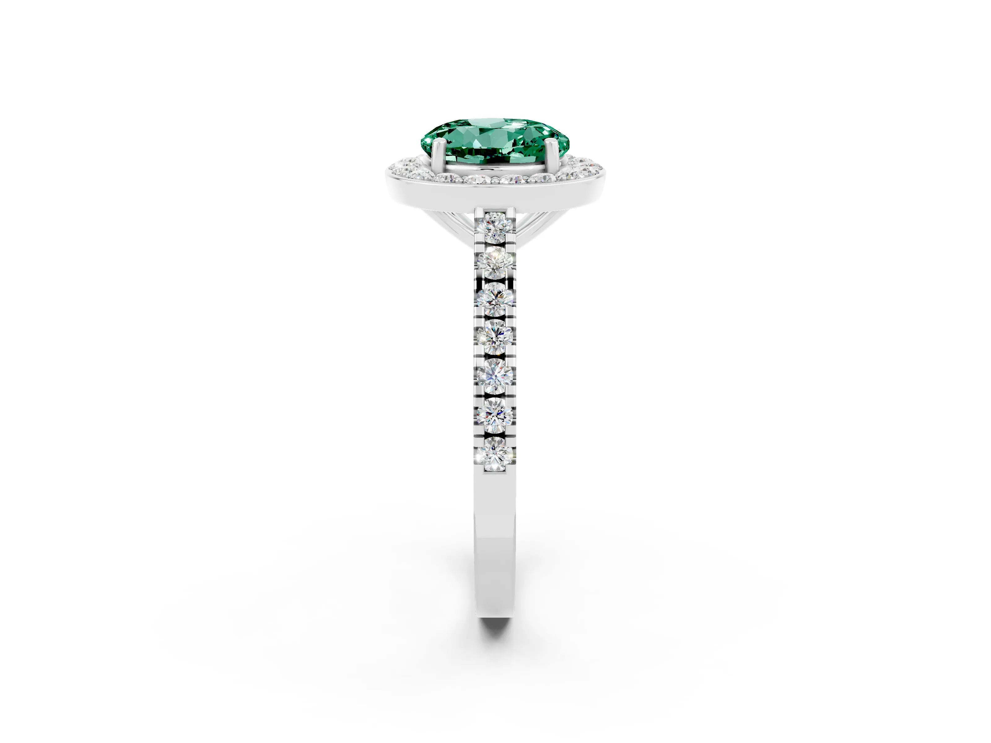 White gold Round Cut Halo Diamond Ring with Pavé Band and Three-Prong Setting_2