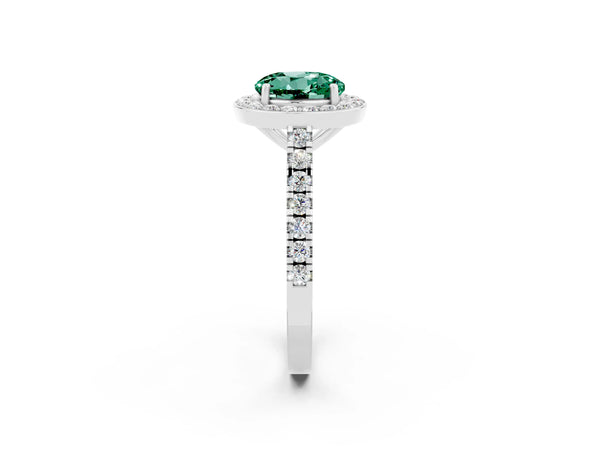 Silver Round Cut Green Sapphire Halo Ring with Round Pavé Split Shank and Prong Setting