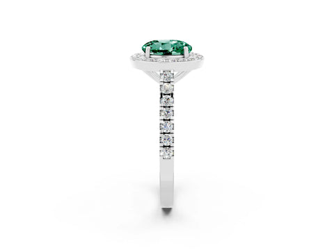 White gold Round Cut Halo Diamond Ring with Pavé Band and Three-Prong Setting_2