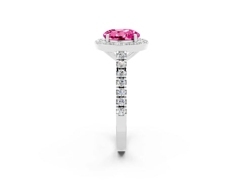 White gold Round Cut Halo Diamond Ring with Pavé Band and Three-Prong Setting_2