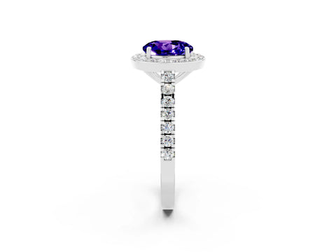 White gold Round Cut Halo Diamond Ring with Pavé Band and Three-Prong Setting_2