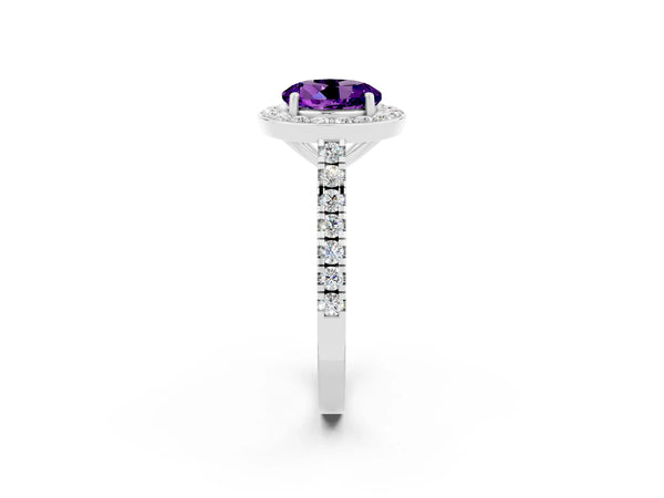 Silver Round Cut Amethyst Halo Ring with Round Pavé Split Shank and Prong Setting