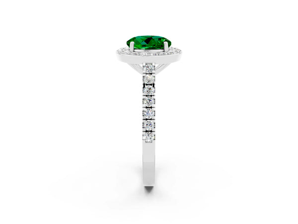 Platinum Round Cut Emerald Halo Ring with Round Pavé Split Shank and Prong Setting
