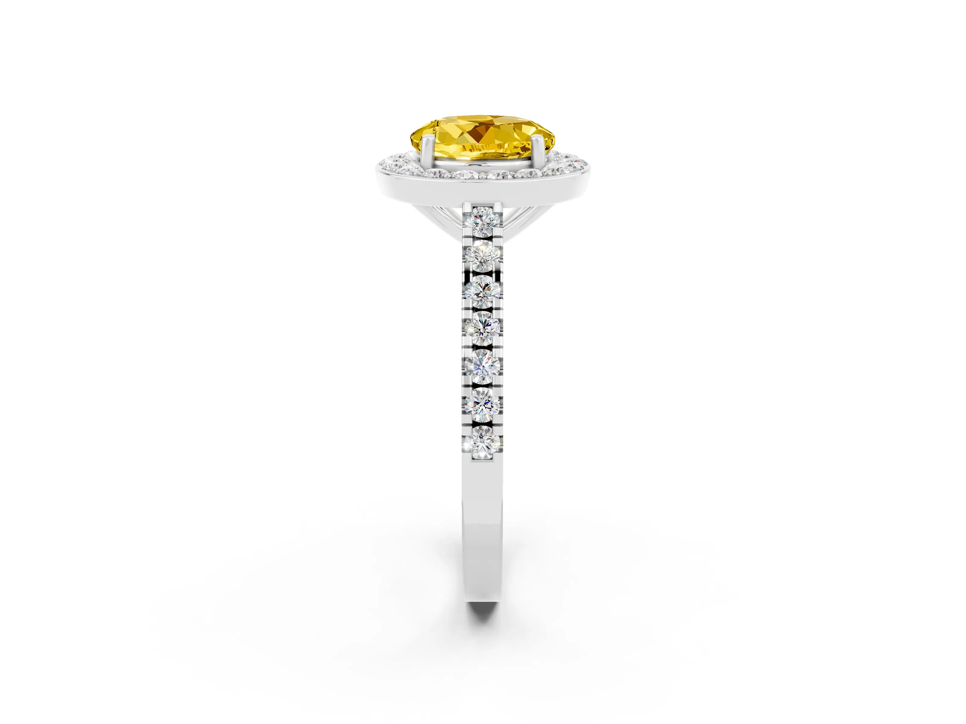 White gold Round Cut Halo Diamond Ring with Pavé Band and Three-Prong Setting_2