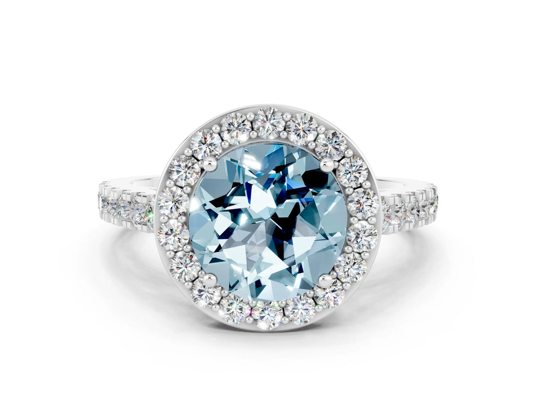 White gold Round Cut Halo Diamond Ring with Pavé Band and Three-Prong Setting