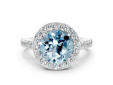 White gold Round Cut Halo Diamond Ring with Pavé Band and Three-Prong Setting