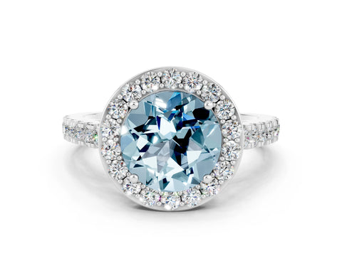 White gold Round Cut Halo Diamond Ring with Pavé Band and Three-Prong Setting