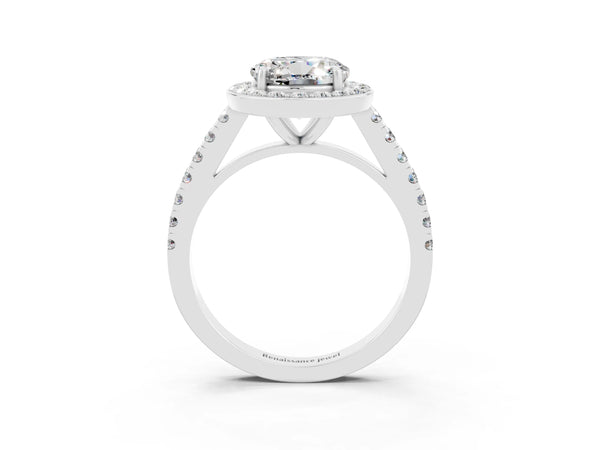Platinum Round Cut Moissanite Halo Ring with Round Pavé Split Shank and Prong Setting