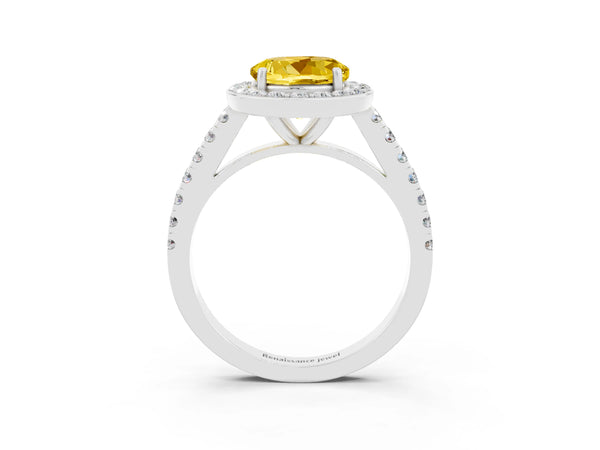 White gold Round Cut Yellow Sapphire Halo Ring with Round Pavé Split Shank and Prong Setting