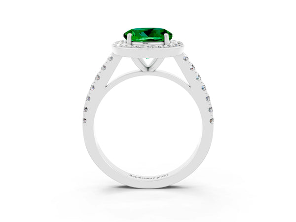 Platinum Round Cut Emerald Halo Ring with Round Pavé Split Shank and Prong Setting