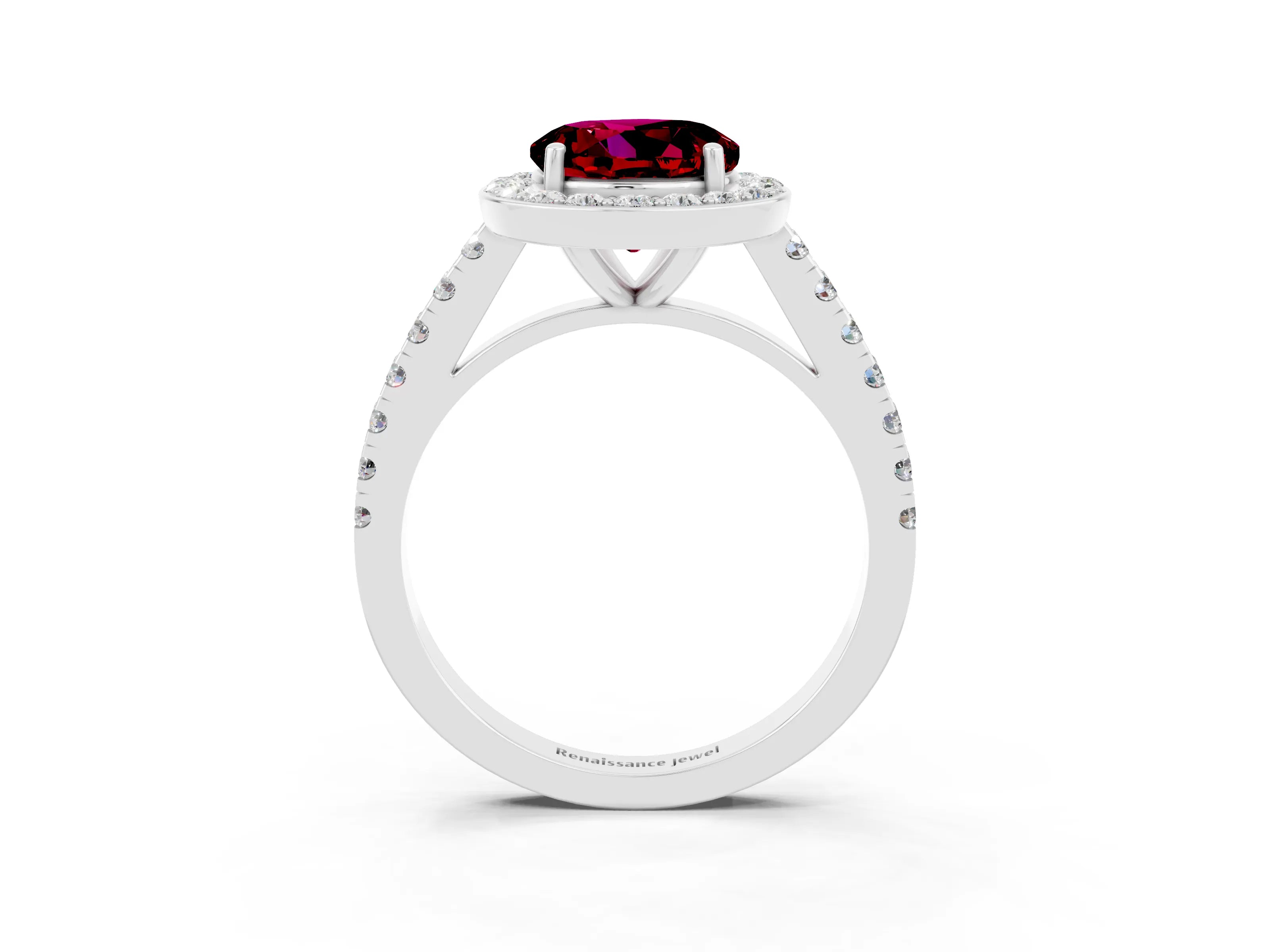 White gold Round Cut Halo Diamond Ring with Pavé Band and Three-Prong Setting_3