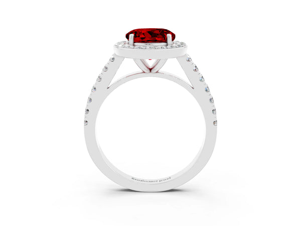 White gold Round Cut Ruby Halo Ring with Round Pavé Split Shank and Prong Setting