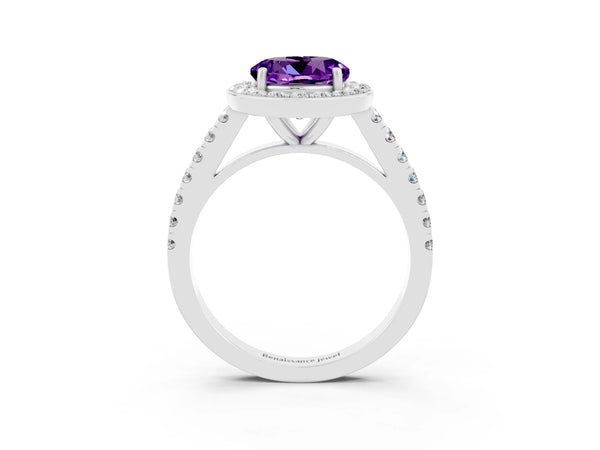 White gold Round Cut Amethyst Halo Ring with Round Pavé Split Shank and Prong Setting