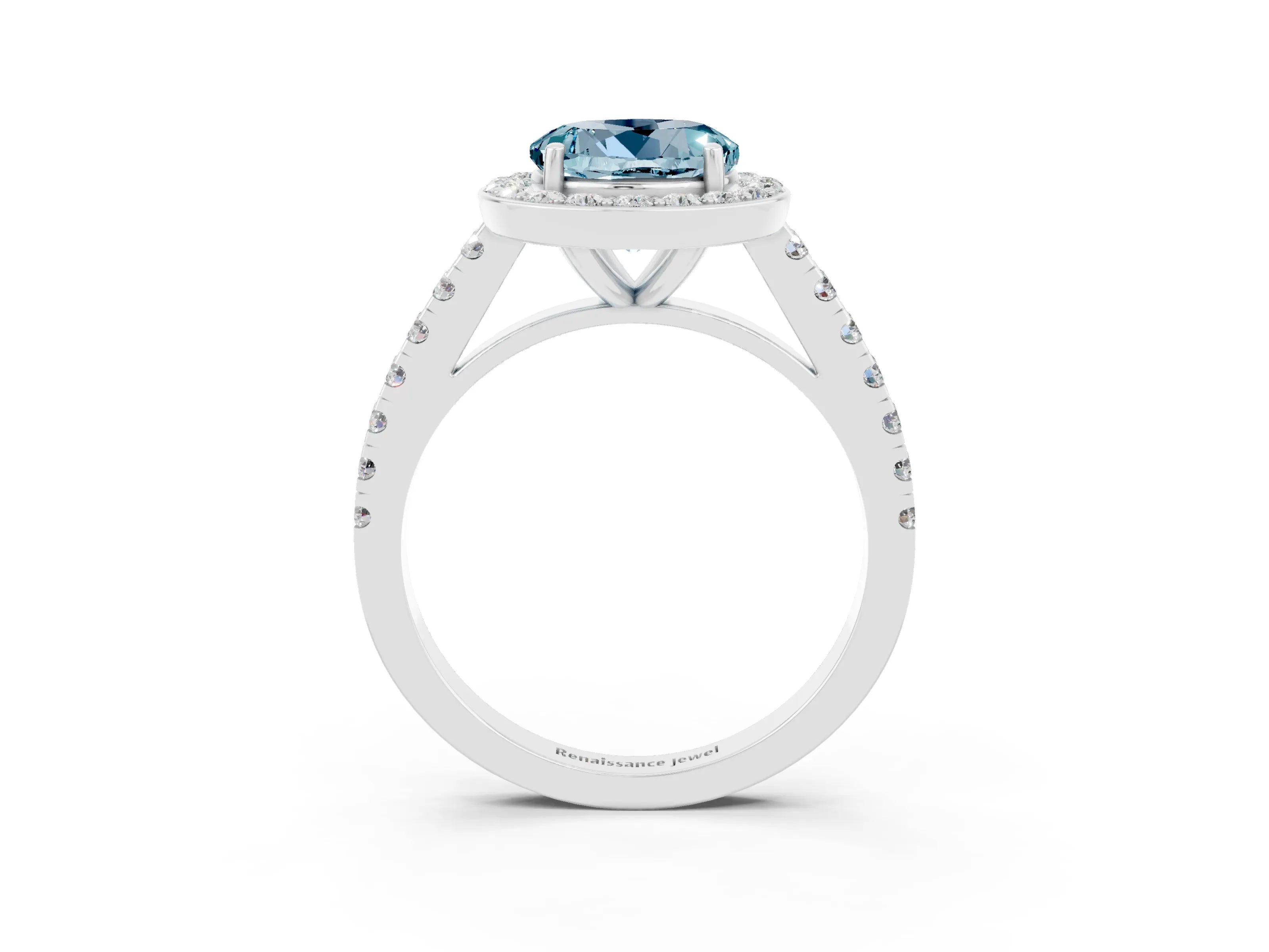 White gold Round Cut Halo Diamond Ring with Pavé Band and Three-Prong Setting_3