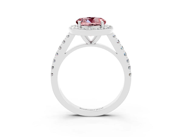 Platinum Round Cut Halo Diamond Ring with Pavé Band and Three-Prong Setting