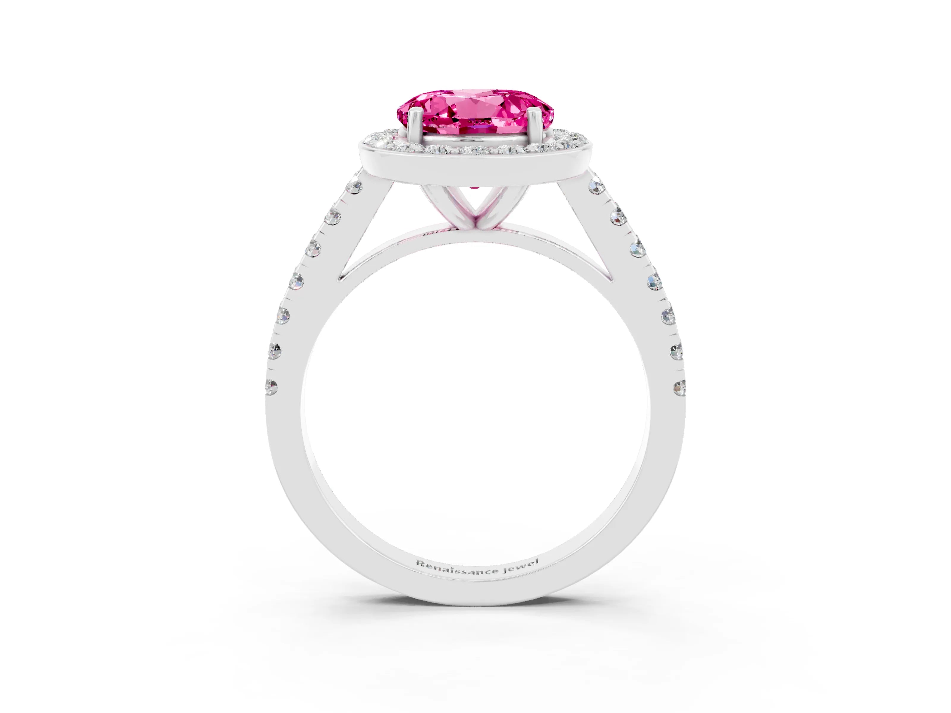 White gold Round Cut Halo Diamond Ring with Pavé Band and Three-Prong Setting_3