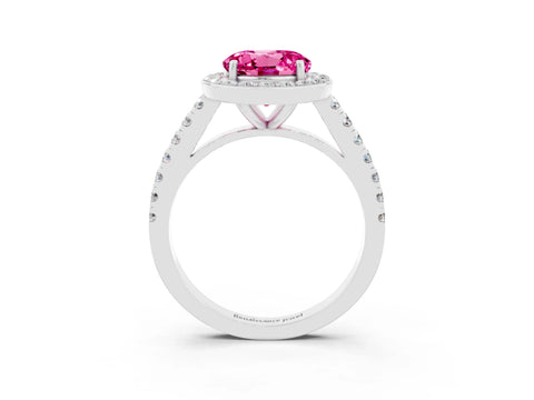White gold Round Cut Halo Diamond Ring with Pavé Band and Three-Prong Setting_3