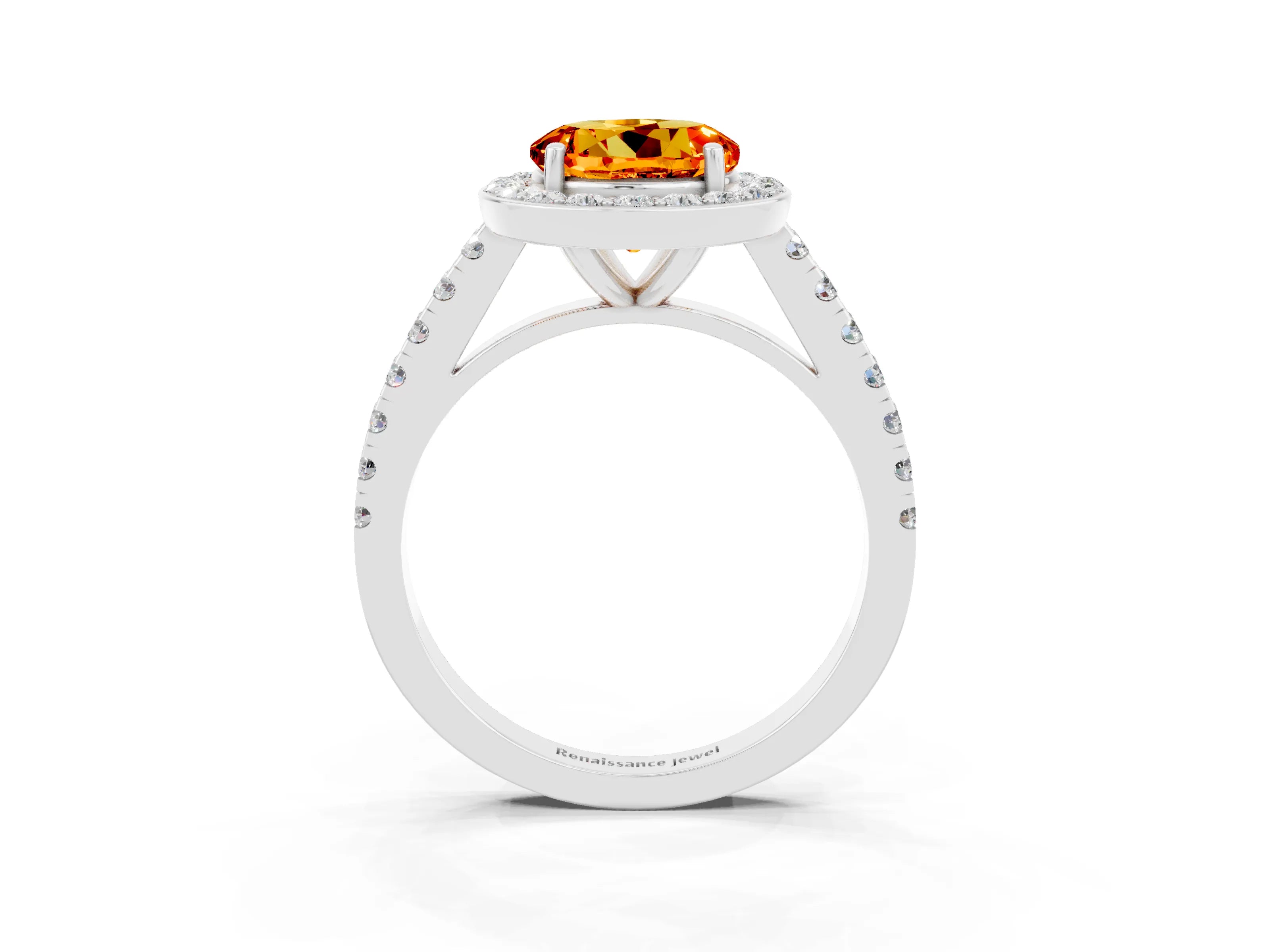 White gold Round Cut Halo Diamond Ring with Pavé Band and Three-Prong Setting_3
