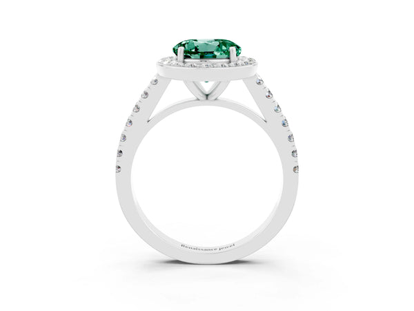 Platinum Round Cut Green Sapphire Halo Ring with Round Pavé Split Shank and Prong Setting