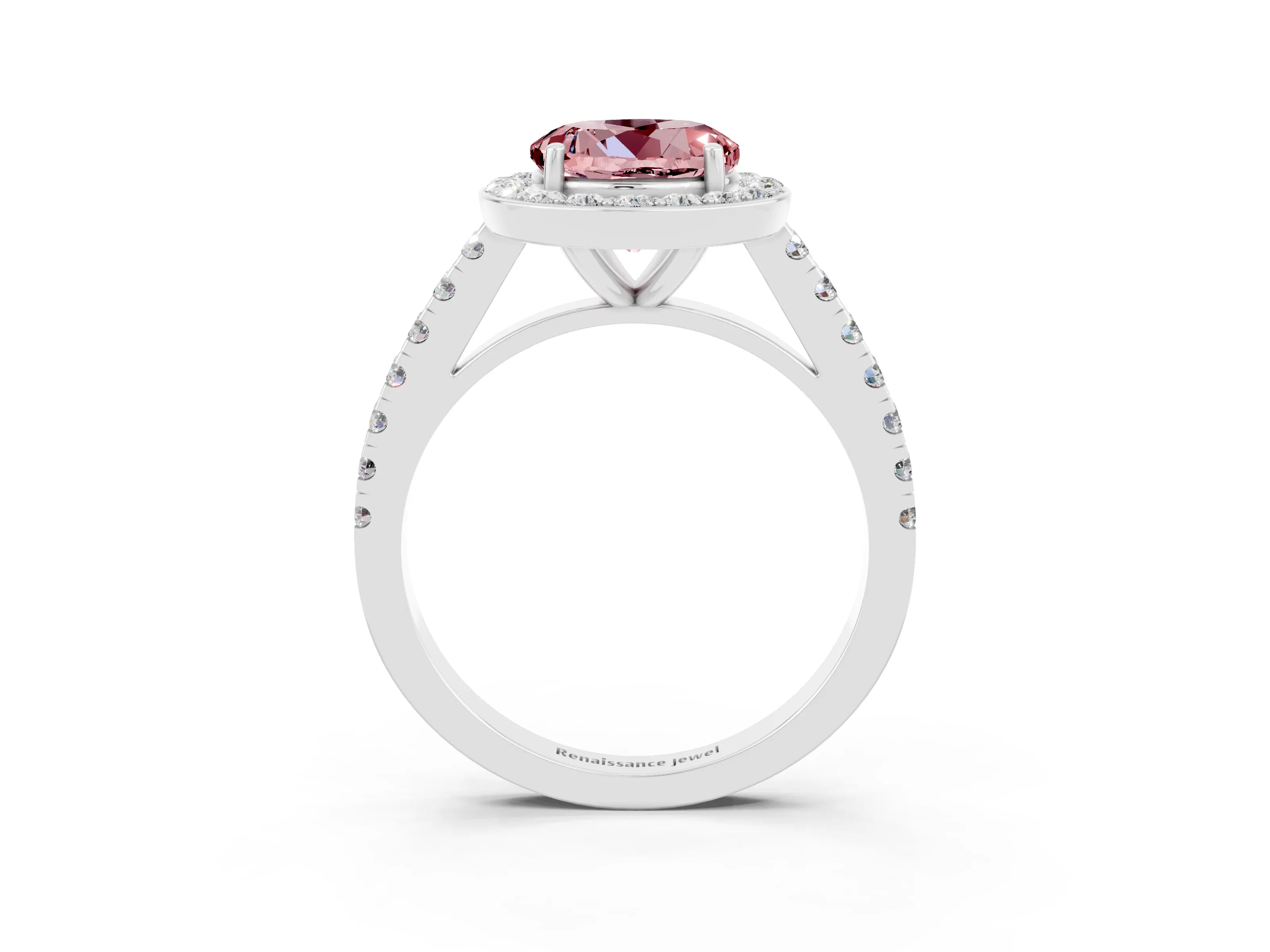 White gold Round Cut Halo Diamond Ring with Pavé Band and Three-Prong Setting_3