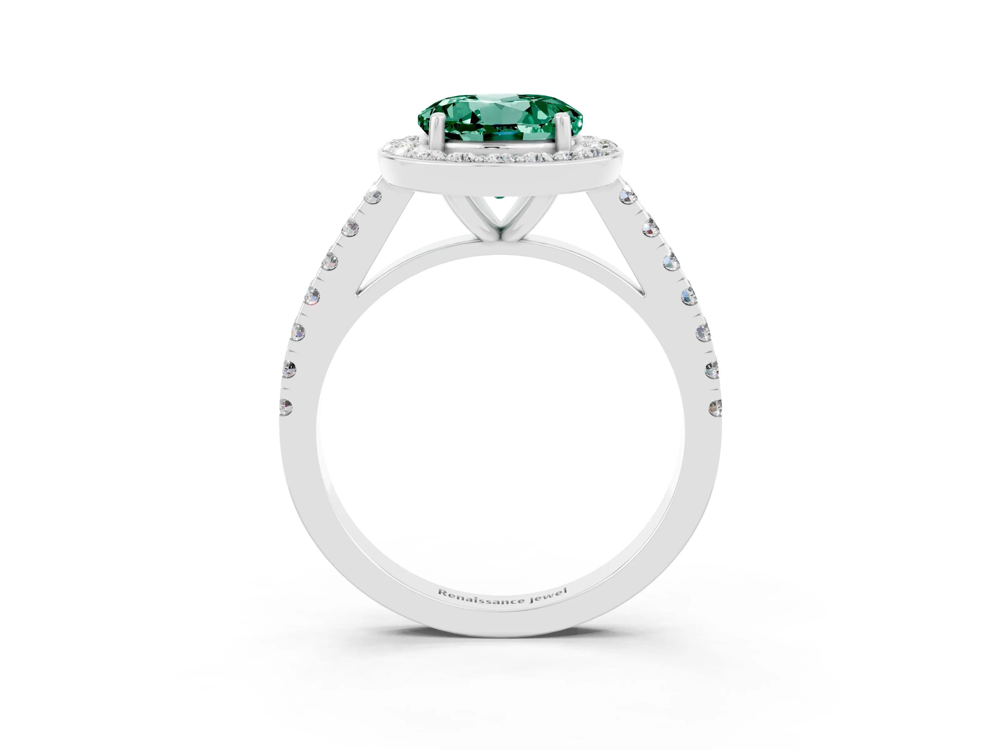 White gold Round Cut Halo Diamond Ring with Pavé Band and Three-Prong Setting_3