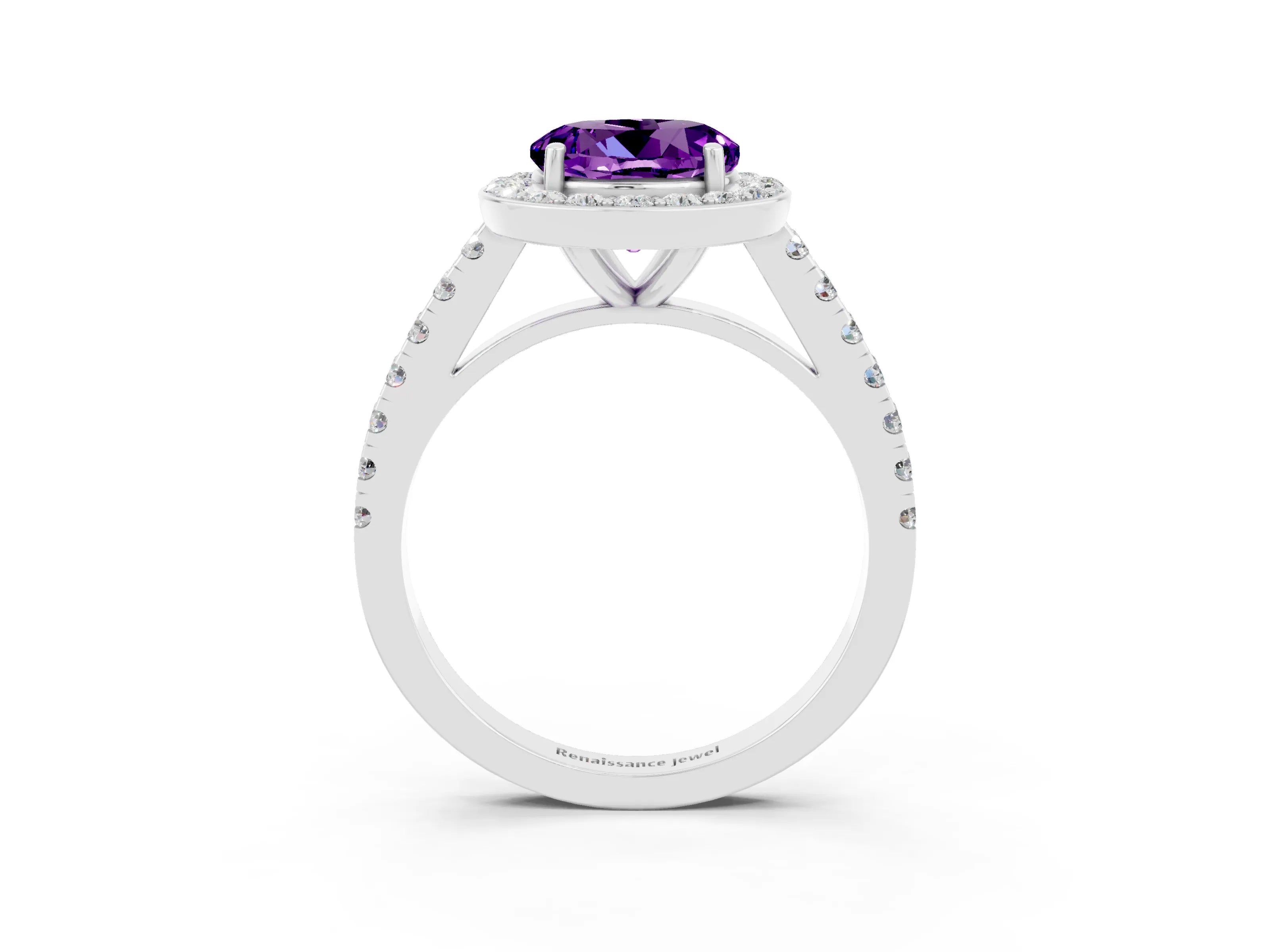 White gold Round Cut Halo Diamond Ring with Pavé Band and Three-Prong Setting_3