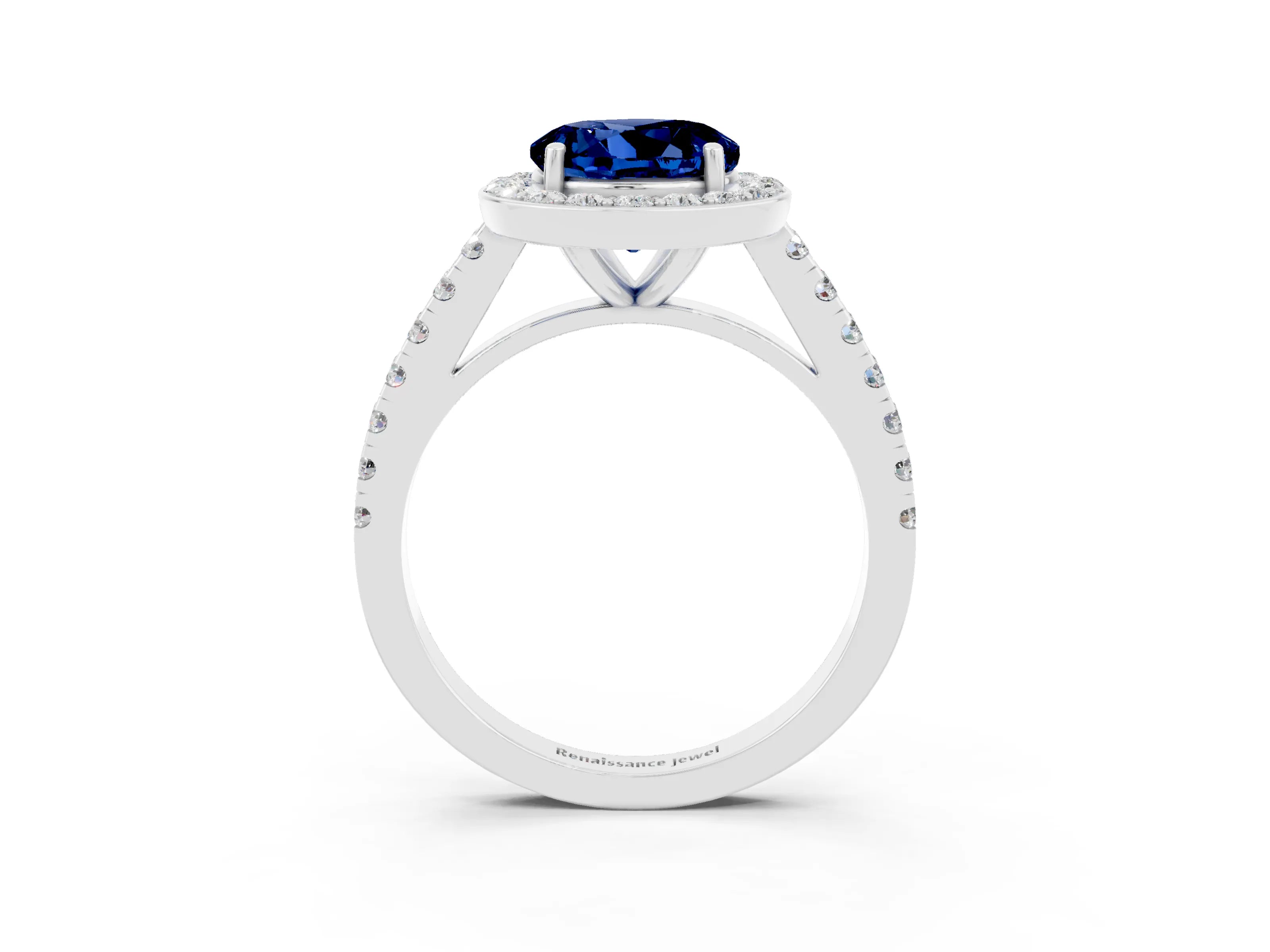 White gold Round Cut Halo Diamond Ring with Pavé Band and Three-Prong Setting_3