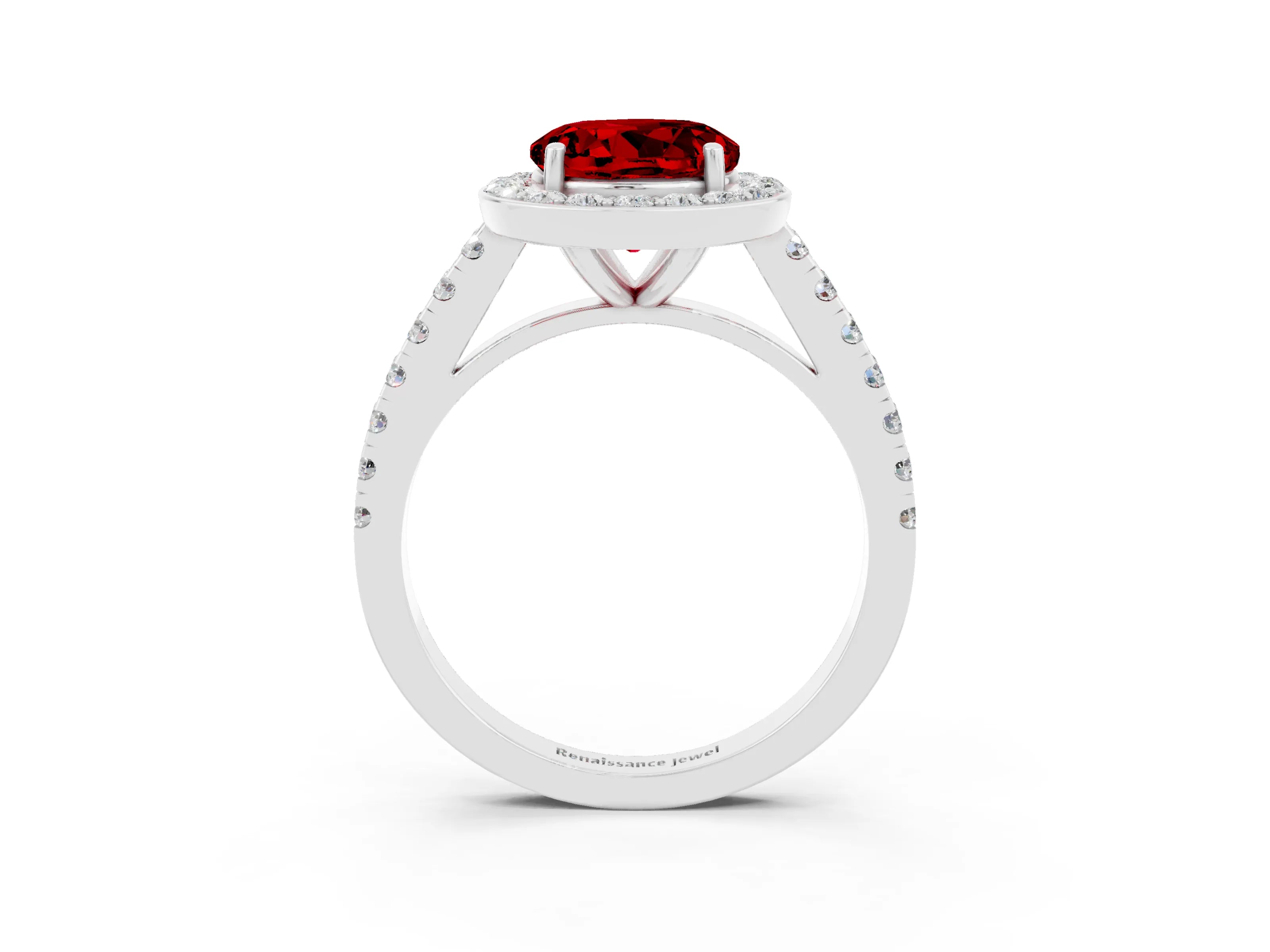 White gold Round Cut Halo Diamond Ring with Pavé Band and Three-Prong Setting_3