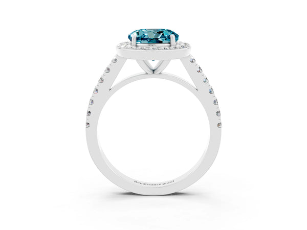 White gold Round Cut Halo Diamond Ring with Pavé Band and Three-Prong Setting