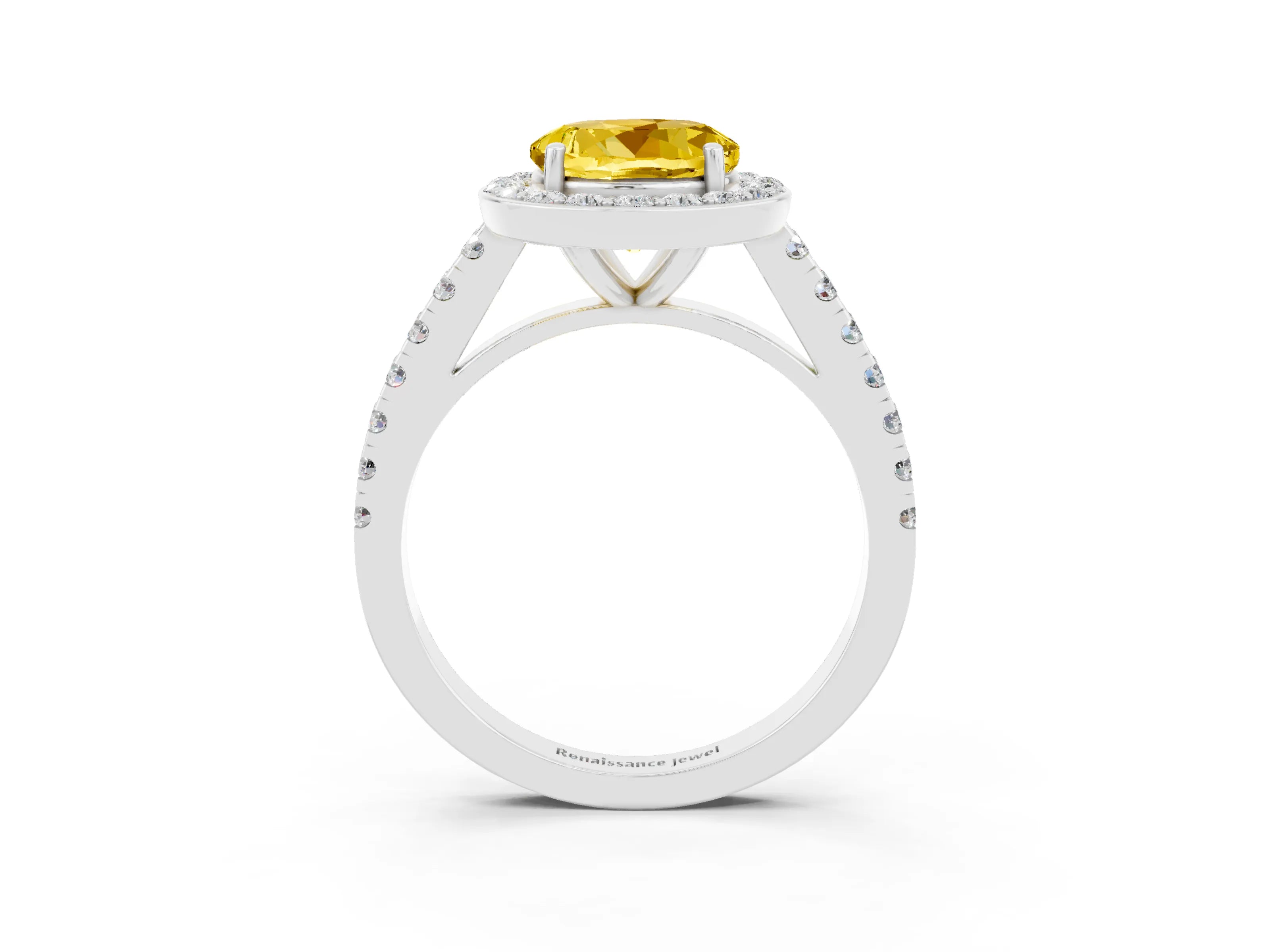 White gold Round Cut Halo Diamond Ring with Pavé Band and Three-Prong Setting_3