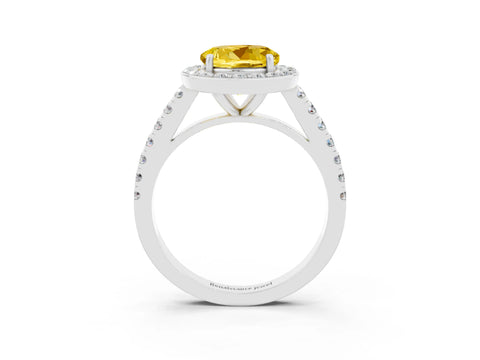 White gold Round Cut Halo Diamond Ring with Pavé Band and Three-Prong Setting_3