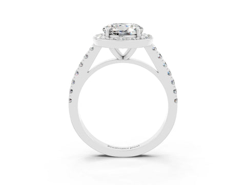 White gold Round Cut Halo Diamond Ring with Pavé Band and Three-Prong Setting_3
