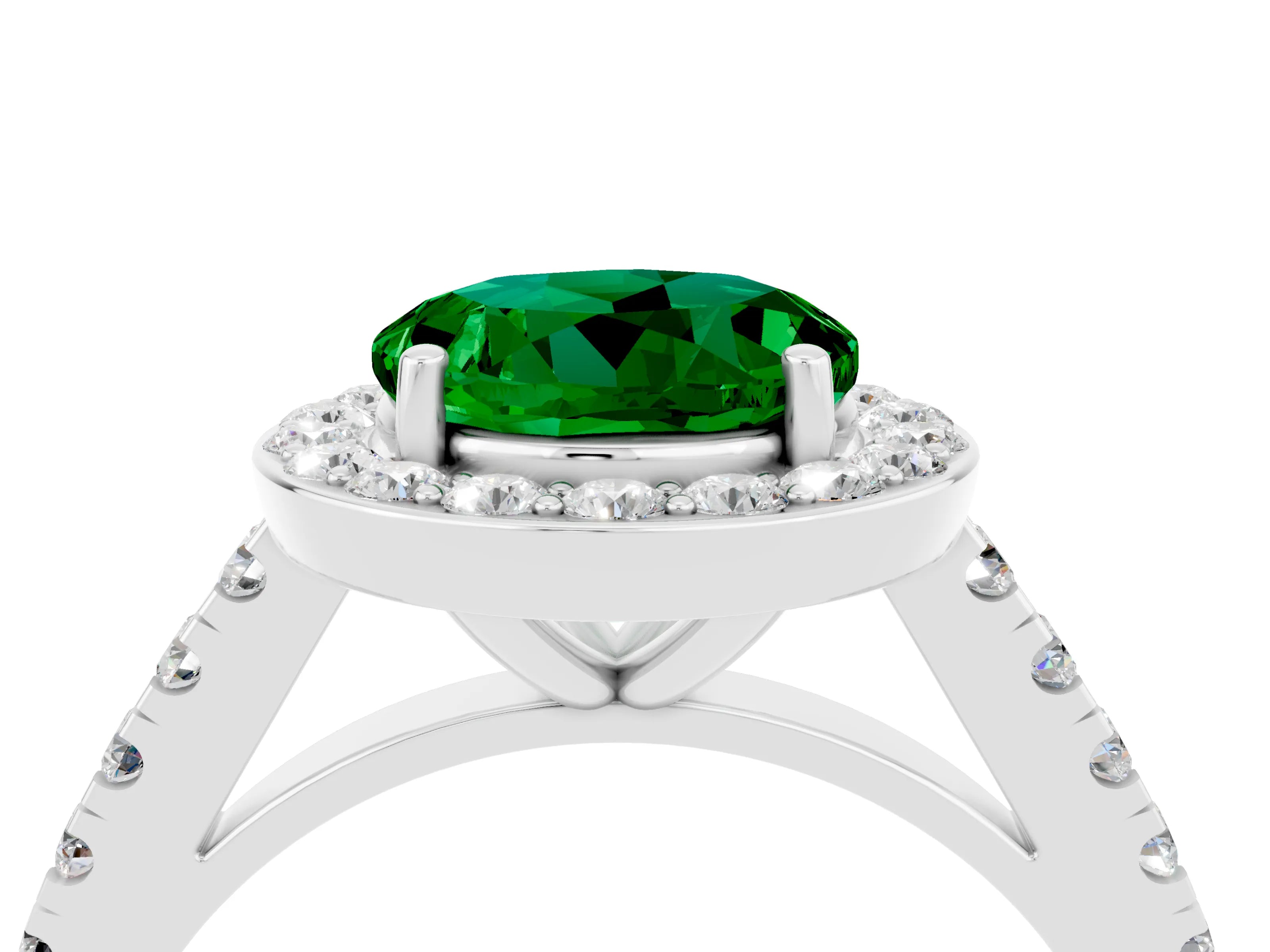 White gold Round Cut Halo Diamond Ring with Pavé Band and Three-Prong Setting_4