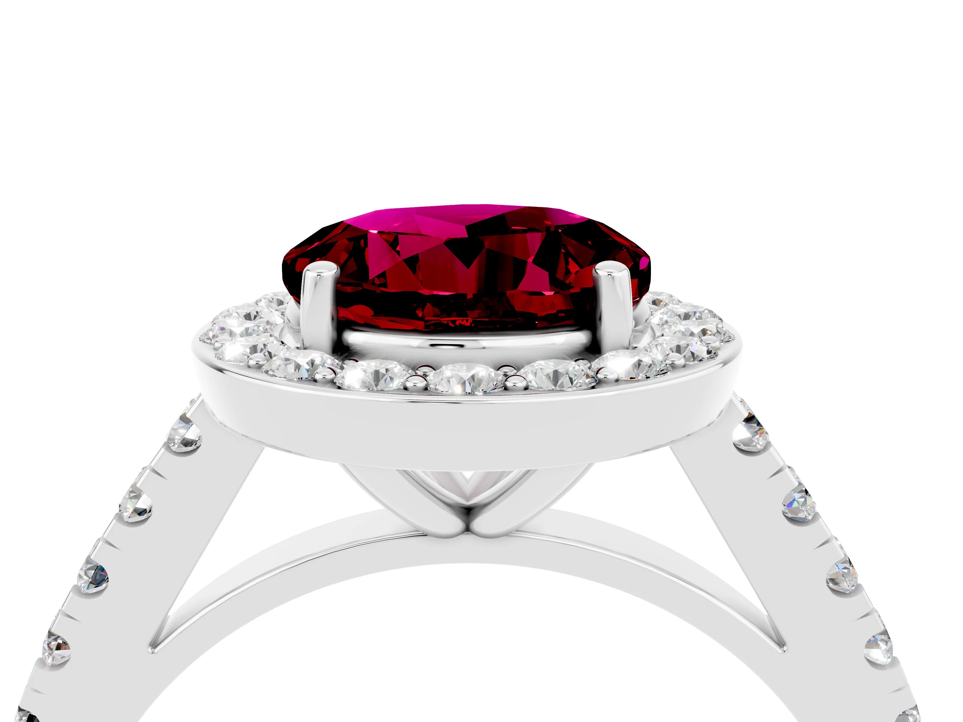 White gold Round Cut Halo Diamond Ring with Pavé Band and Three-Prong Setting_4