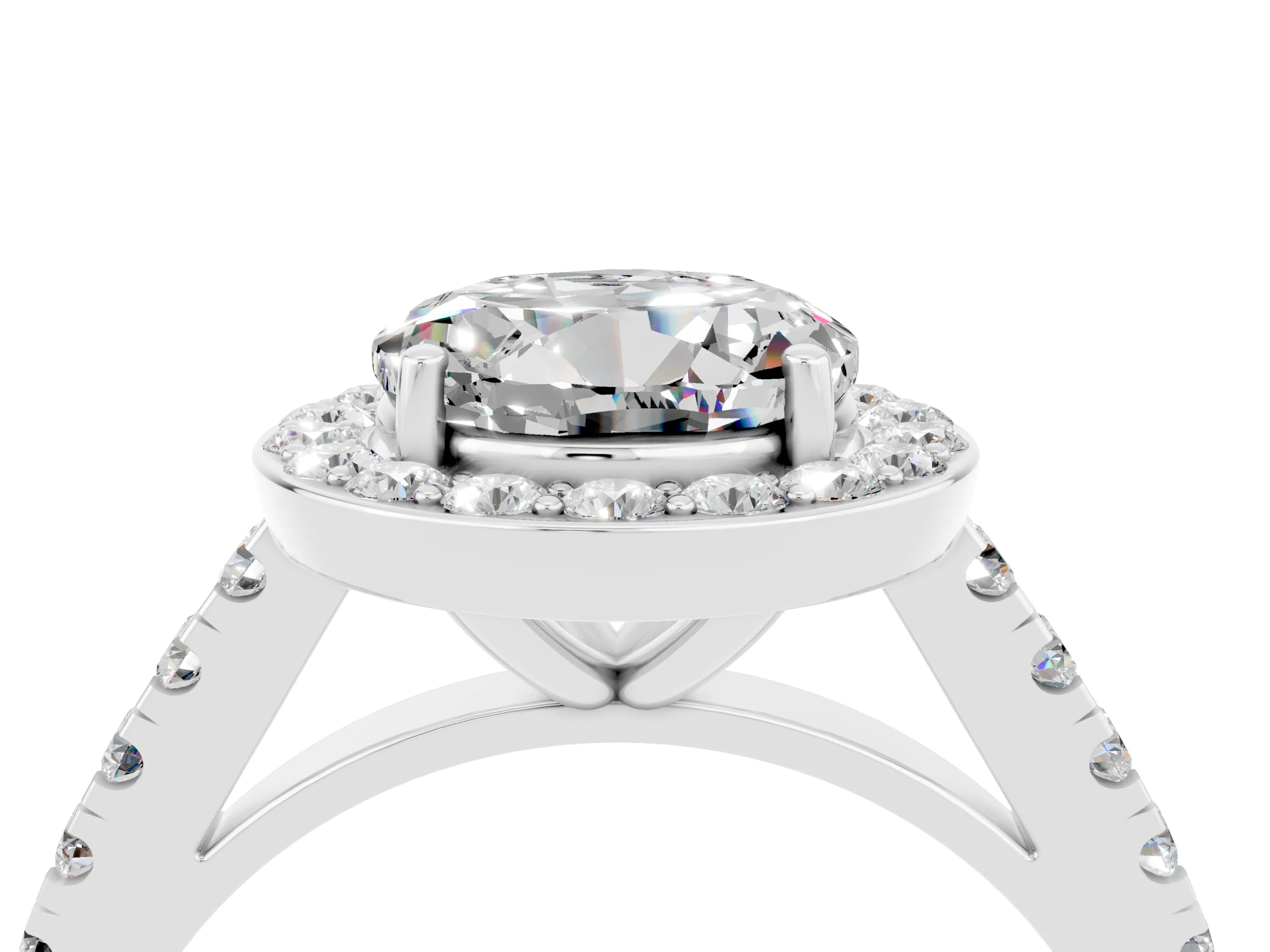 White gold Round Cut Halo Diamond Ring with Pavé Band and Three-Prong Setting_4