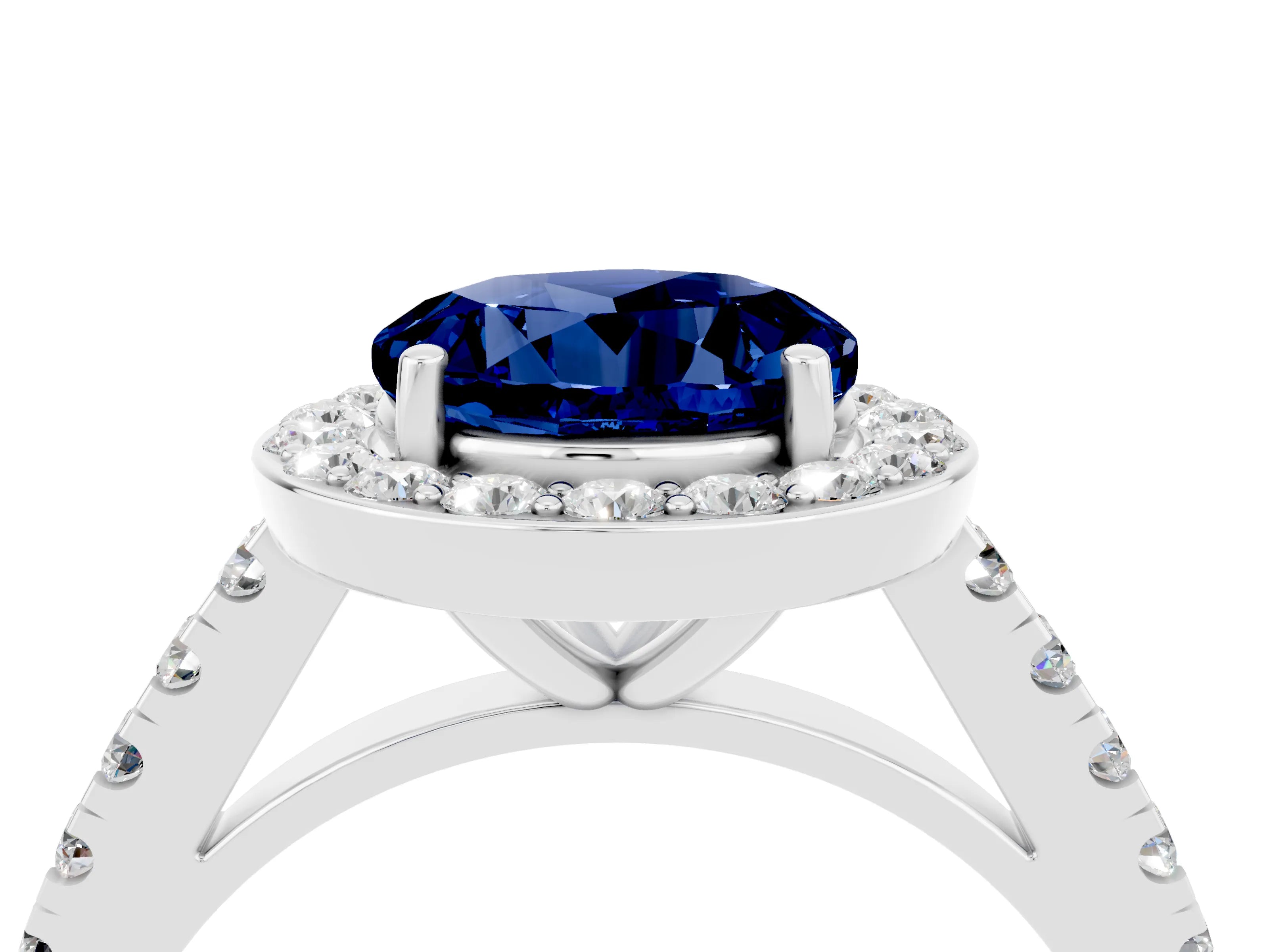 White gold Round Cut Halo Diamond Ring with Pavé Band and Three-Prong Setting_4