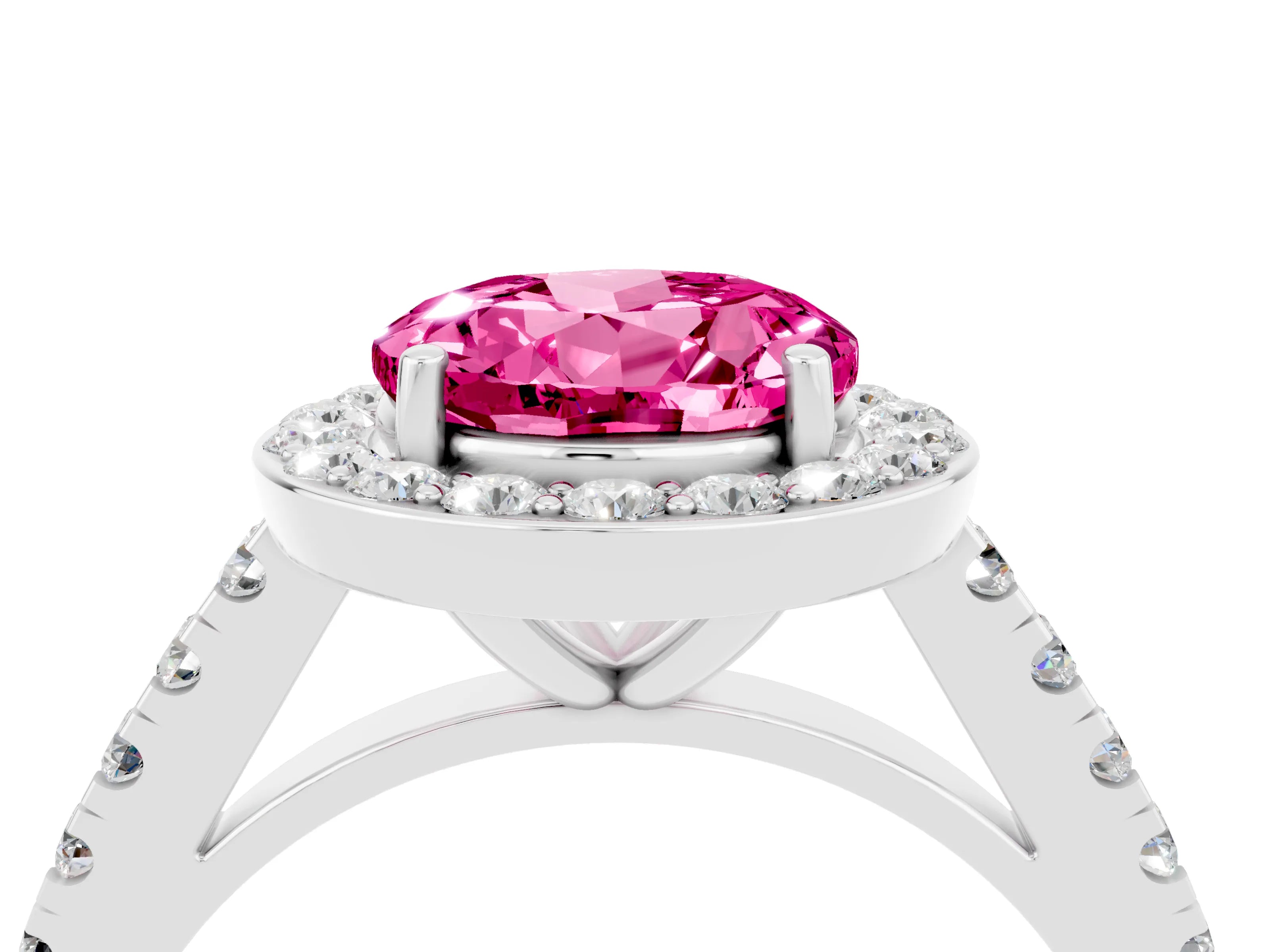 White gold Round Cut Halo Diamond Ring with Pavé Band and Three-Prong Setting_4