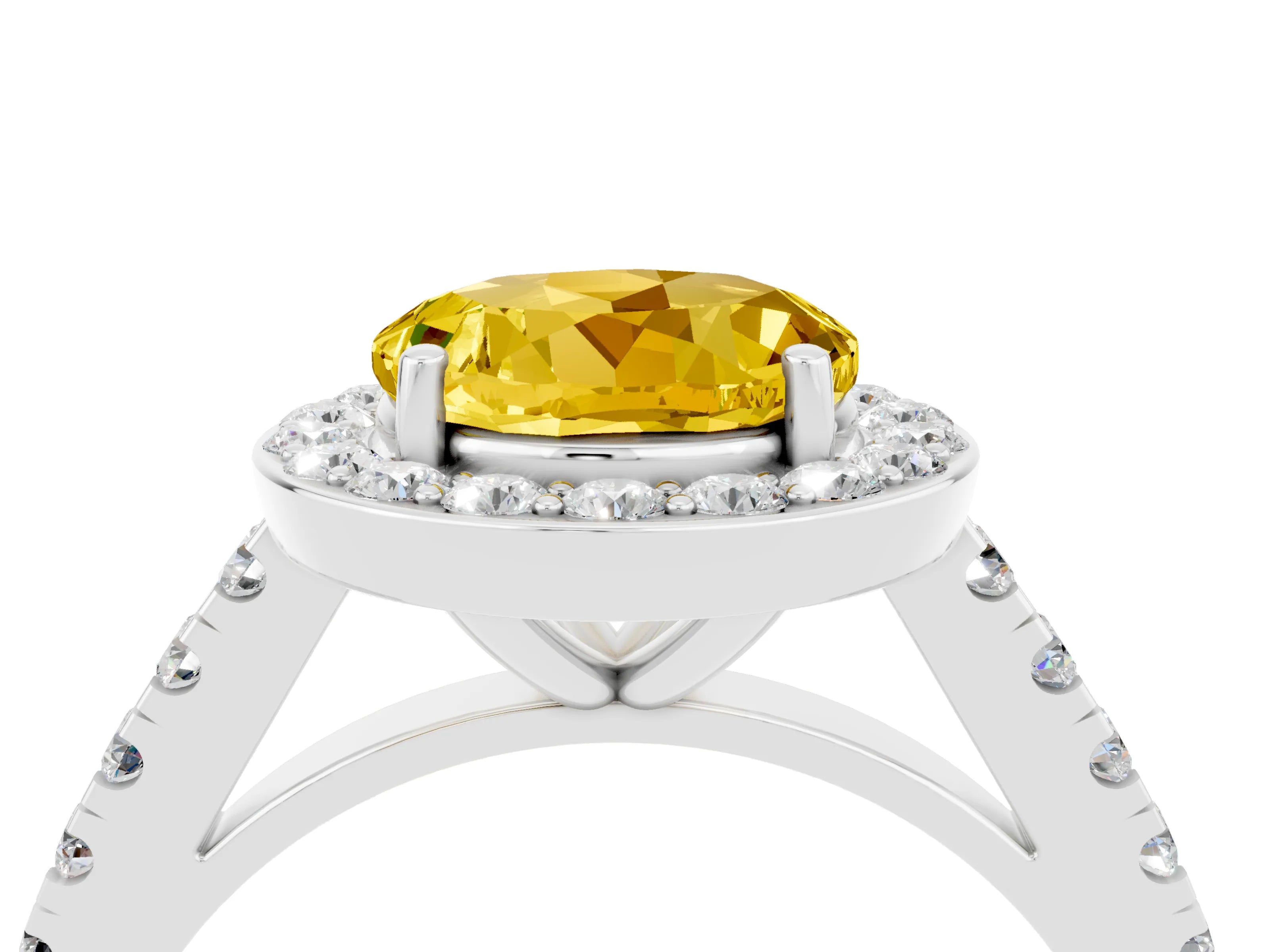 White gold Round Cut Halo Diamond Ring with Pavé Band and Three-Prong Setting_4