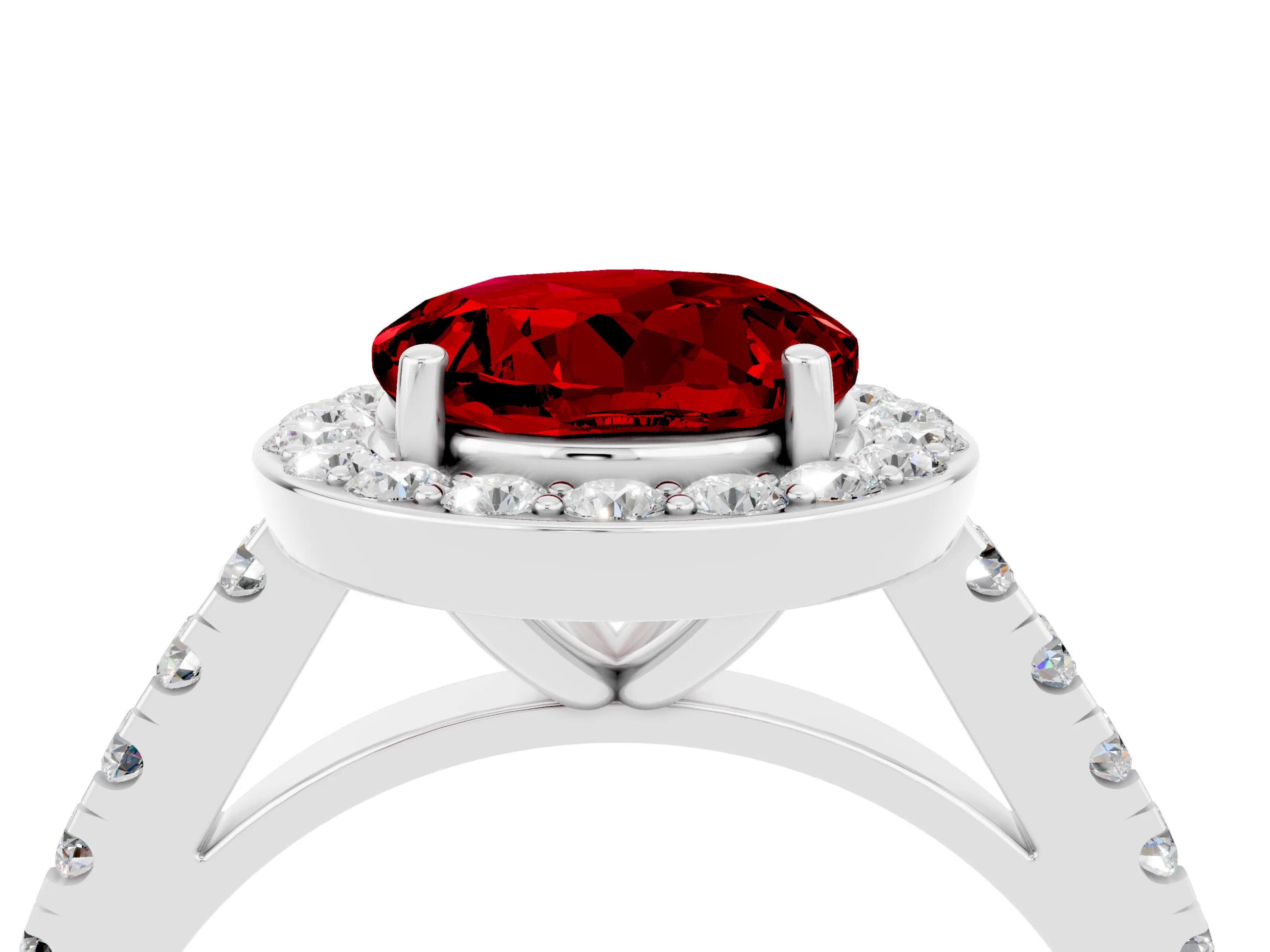 White gold Round Cut Halo Diamond Ring with Pavé Band and Three-Prong Setting_4