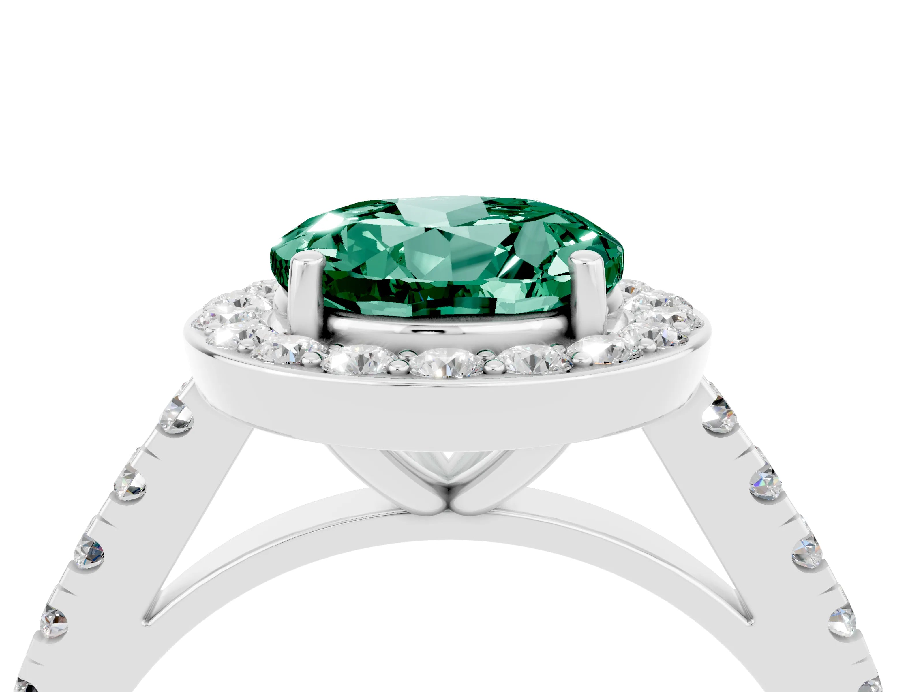 White gold Round Cut Halo Diamond Ring with Pavé Band and Three-Prong Setting_4