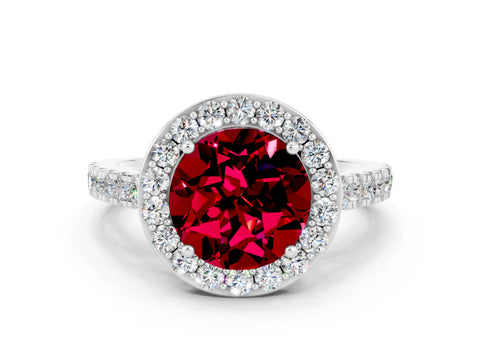 White gold Round Cut Halo Diamond Ring with Pavé Band and Three-Prong Setting