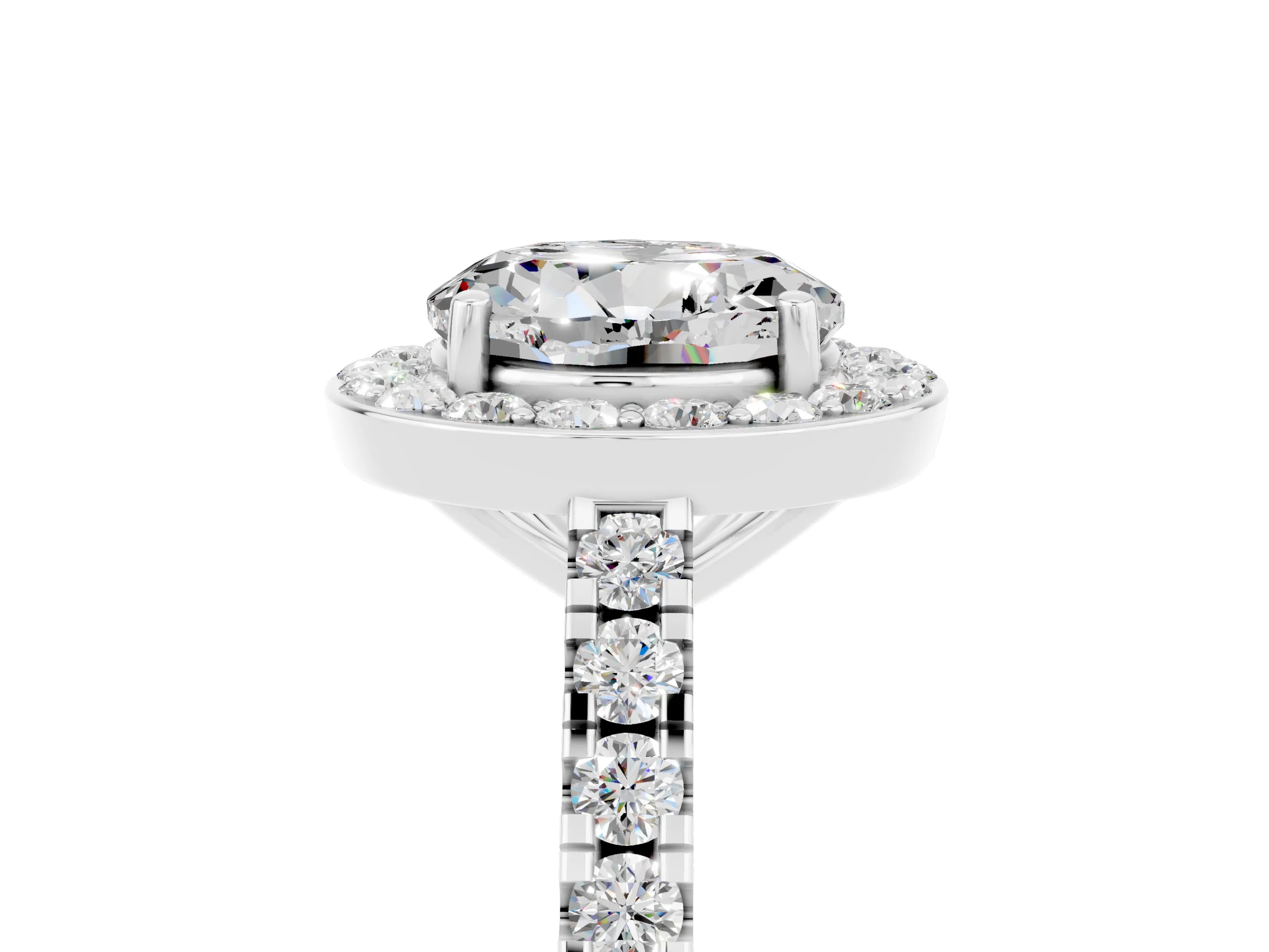 White gold Round Cut Halo Diamond Ring with Pavé Band and Three-Prong Setting_5