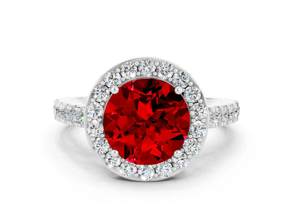 Silver Round Cut Ruby Halo Ring with Round Pavé Split Shank and Prong Setting