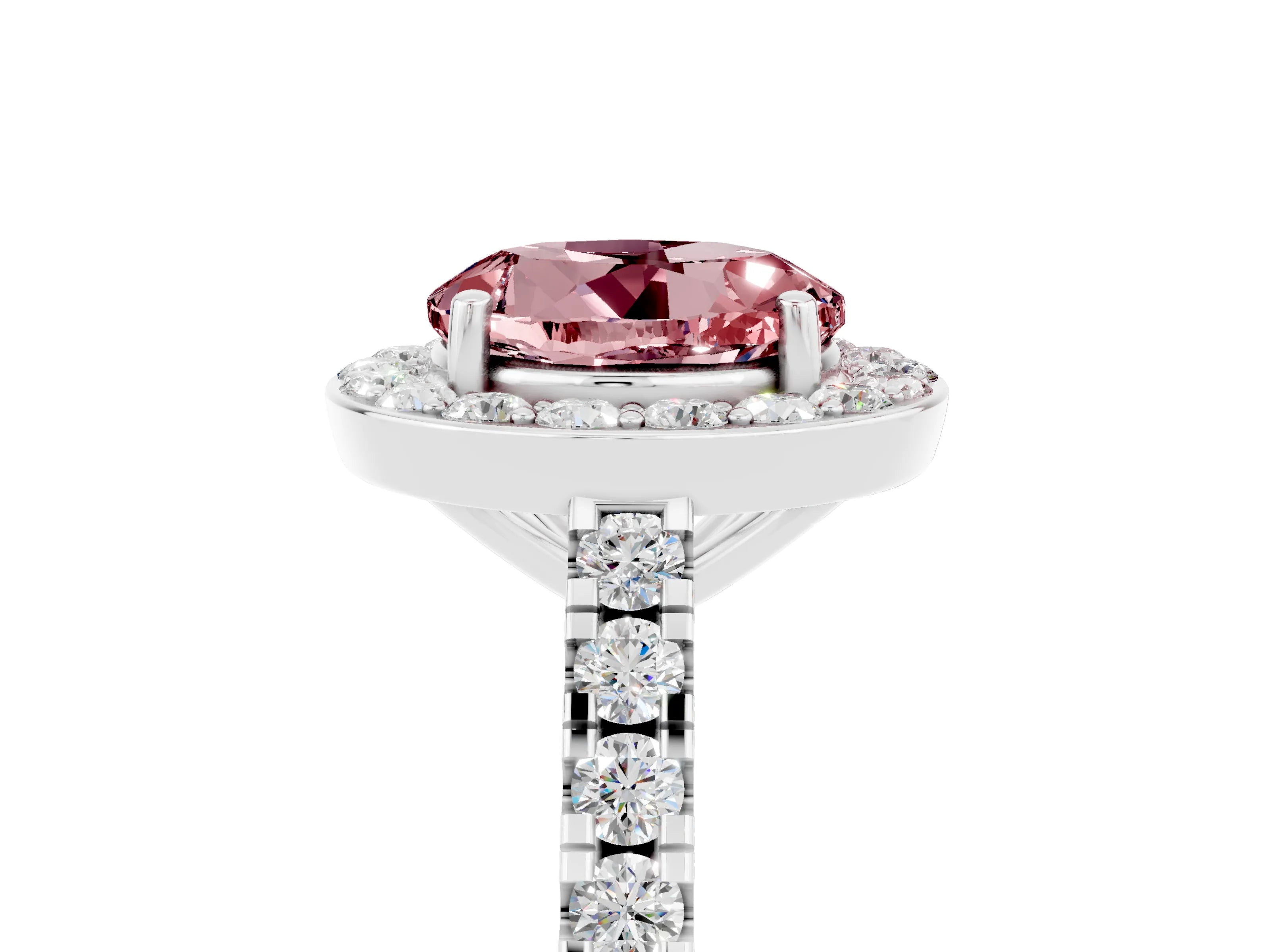 White gold Round Cut Halo Diamond Ring with Pavé Band and Three-Prong Setting_5
