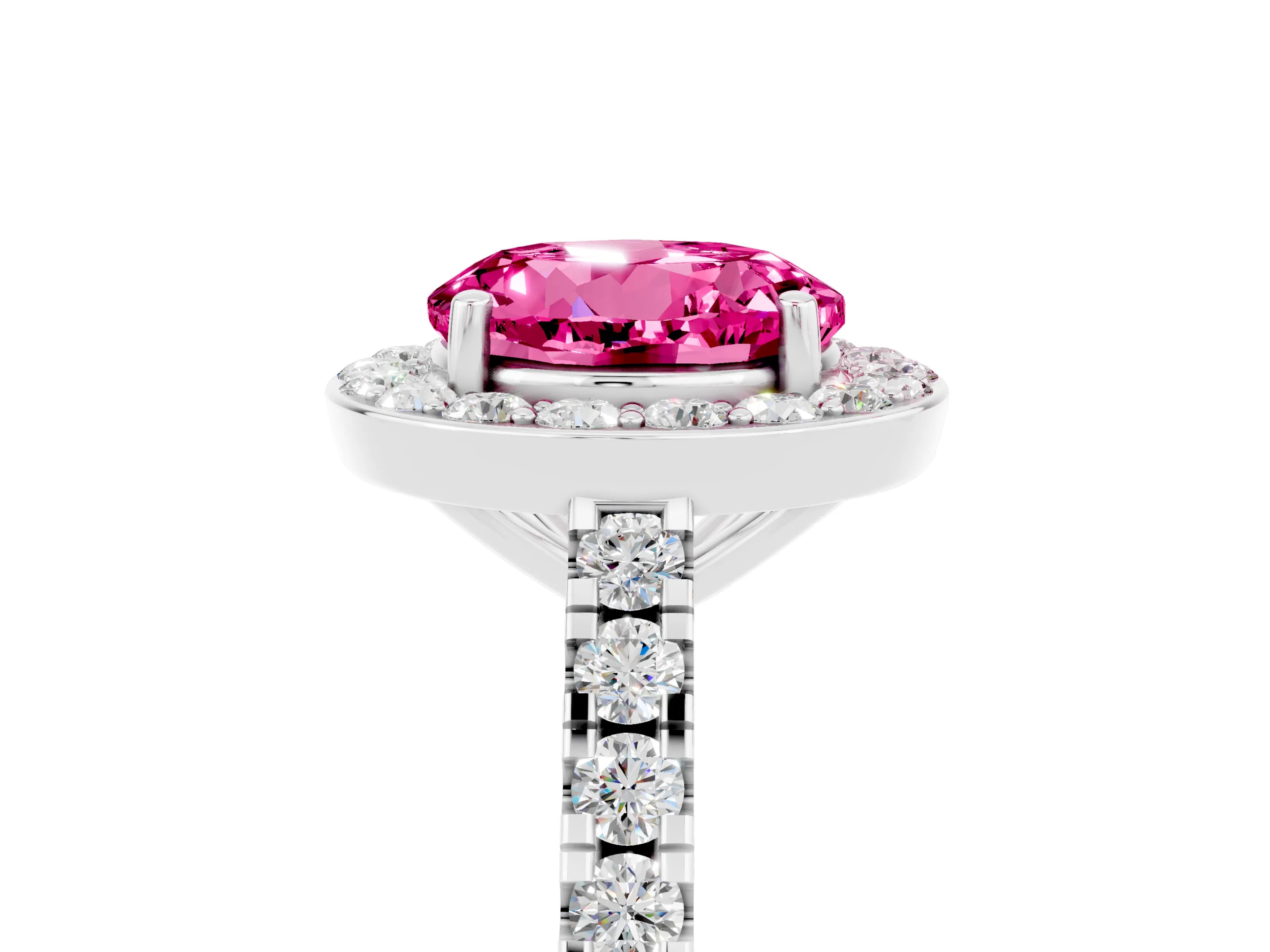 White gold Round Cut Halo Diamond Ring with Pavé Band and Three-Prong Setting_5