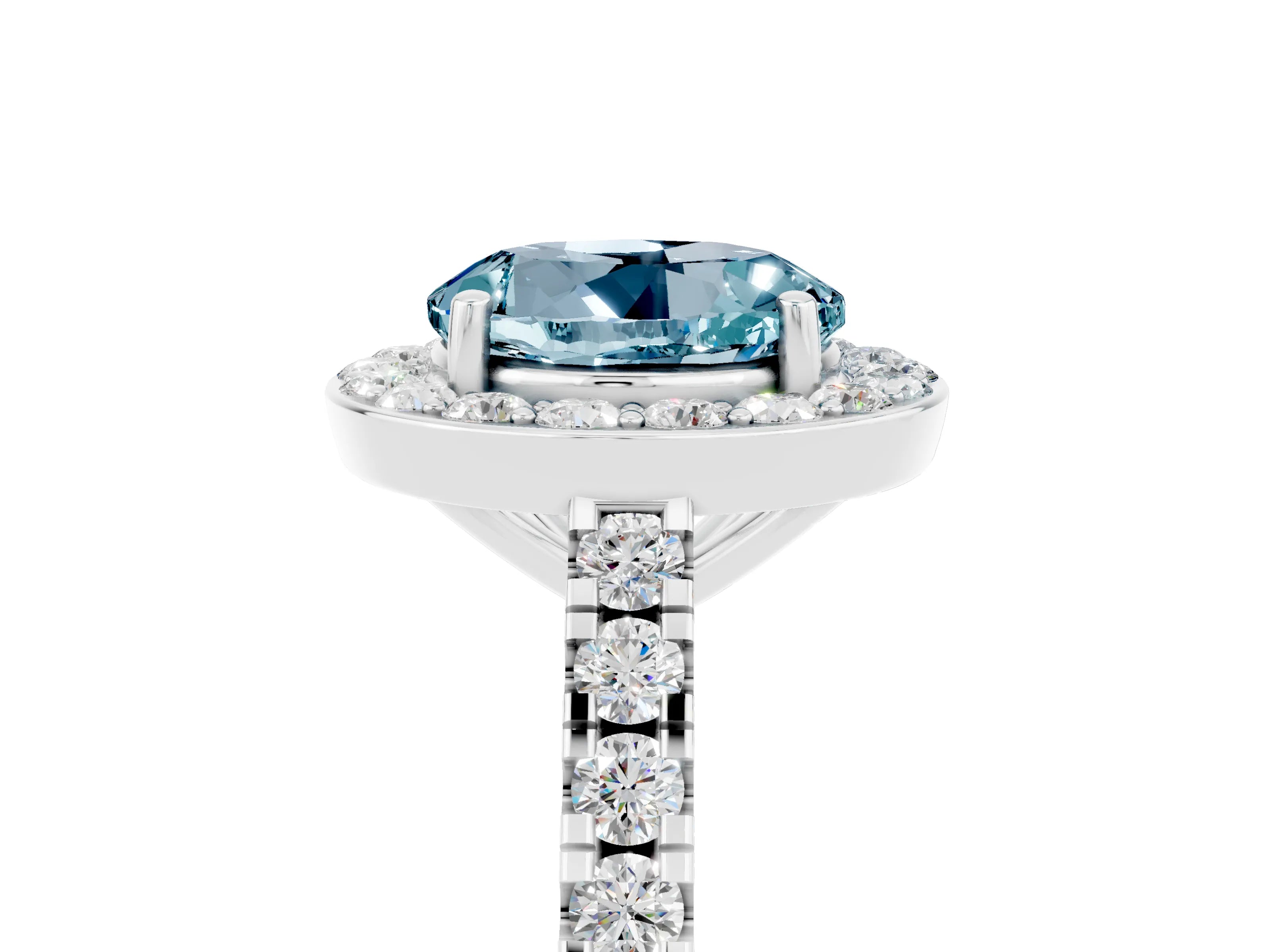 White gold Round Cut Halo Diamond Ring with Pavé Band and Three-Prong Setting_5