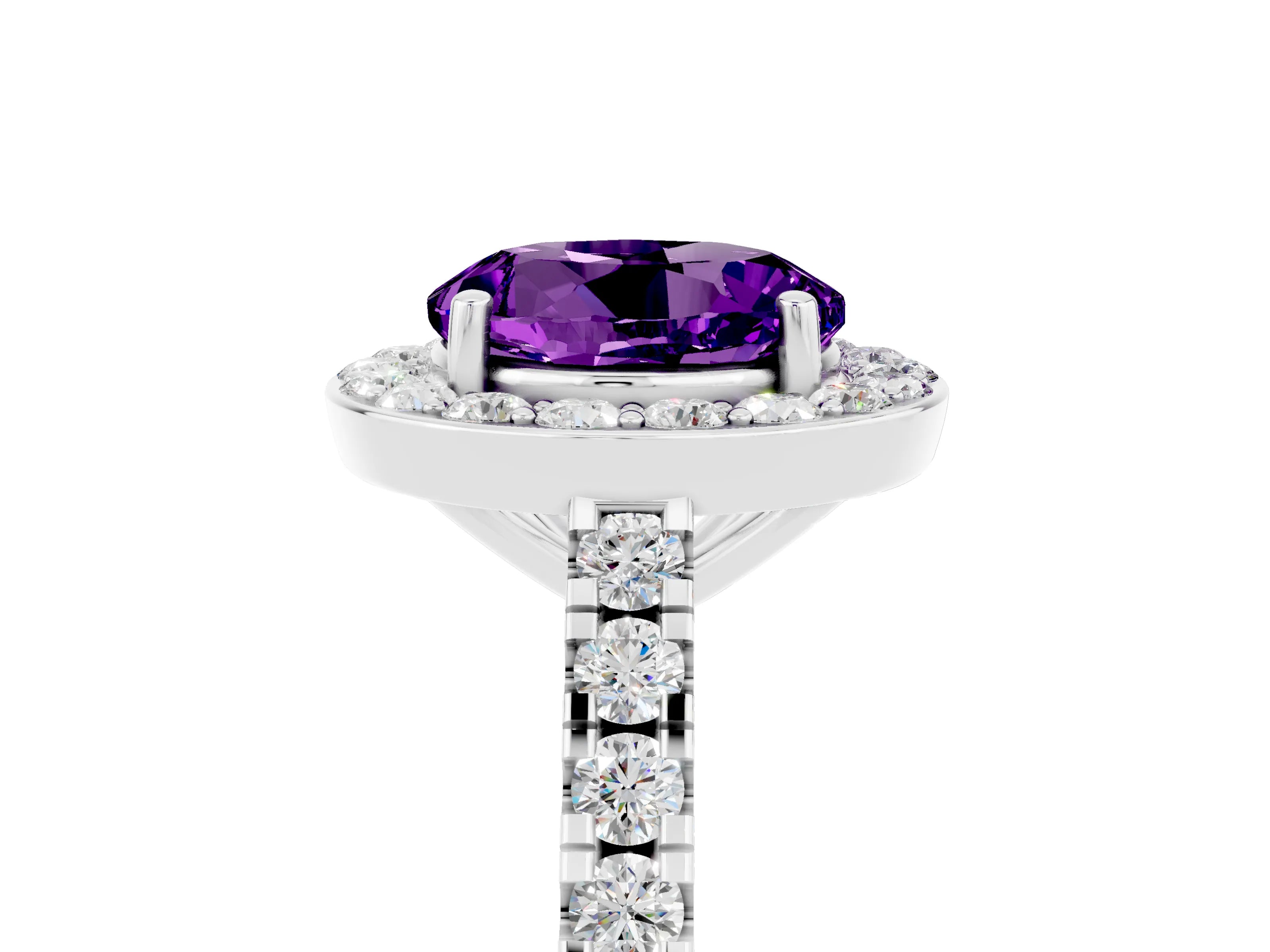 White gold Round Cut Halo Diamond Ring with Pavé Band and Three-Prong Setting_5
